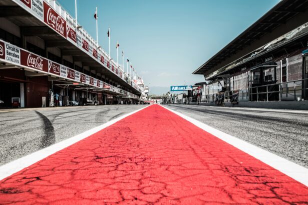 a race track with a red and white line painted on it