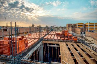 wooden and metal elements at construction site