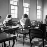 black and white classroom study session