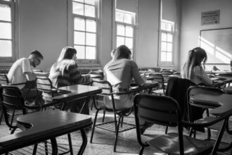 black and white classroom study session