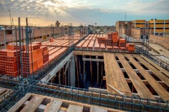 wooden and metal elements at construction site