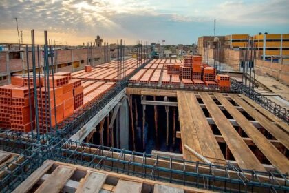 wooden and metal elements at construction site